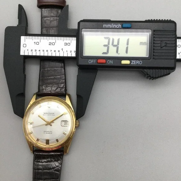 Vintage Waltham Mens Watch 34mm Self Winding Date Brown Leather Incabloc 17J